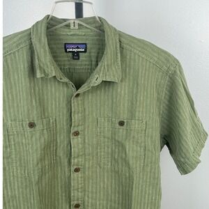 Patagonia Hemp Organic Cotton Green Stripe Button XL Short Sleeve Outdoor Travel